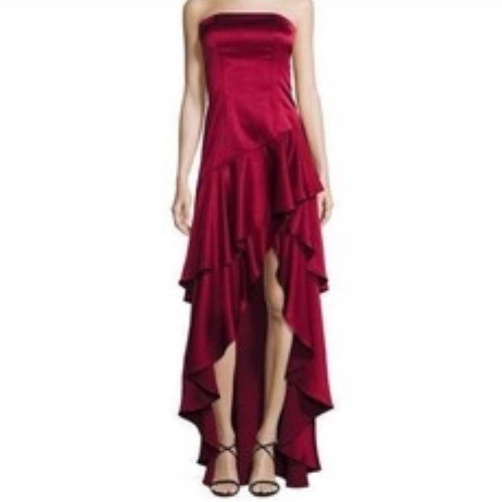Alice + Olivia Ruby Red Satin Strapless High-Low Ruffle Gown‎ Dress 4